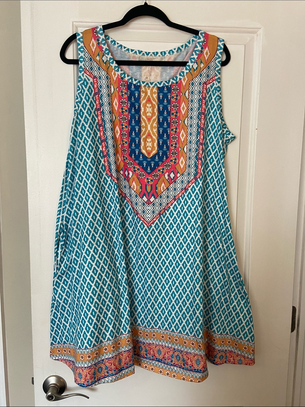 Sleeveless Teal Diamond-Print Mini Dress with Multicolor Yoke